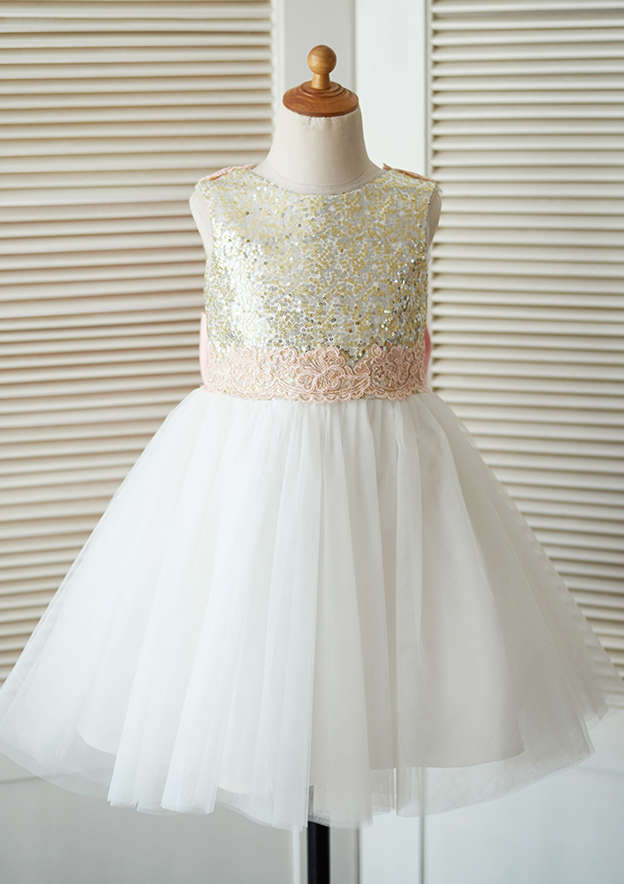 Knee-Length Tulle Flower Girl Dress with Sequined Lace and Adorable Bowknot - A-line/Princess Scoop Neck