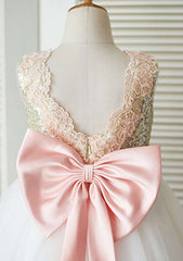 Knee-Length Tulle Flower Girl Dress with Sequined Lace and Adorable Bowknot - A-line/Princess Scoop Neck