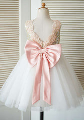 Knee-Length Tulle Flower Girl Dress with Sequined Lace and Adorable Bowknot - A-line/Princess Scoop Neck