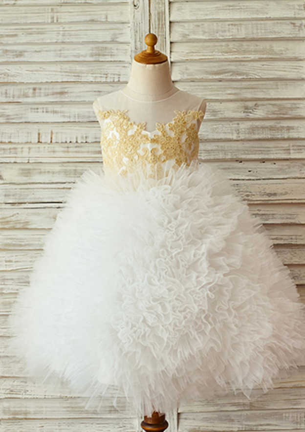 Knee-Length Illusion Neck Lace and Tulle Flower Girl Dress with Elegant Appliqu¨¦ - Ball Gown