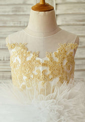 Knee-Length Illusion Neck Lace and Tulle Flower Girl Dress with Elegant Appliqu¨¦ - Ball Gown