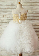 Knee-Length Illusion Neck Lace and Tulle Flower Girl Dress with Elegant Appliqu¨¦ - Ball Gown