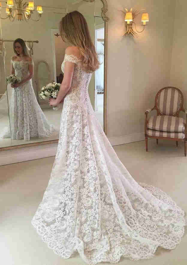 Graceful Lace Wedding Dress: A-Line/Princess Off-the-Shoulder Sleeveless Court Train with Appliqued Details