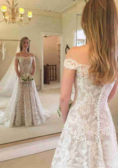 Graceful Lace Wedding Dress: A-Line/Princess Off-the-Shoulder Sleeveless Court Train with Appliqued Details