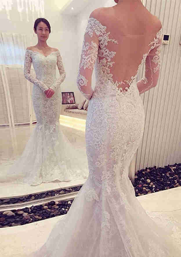 Sophisticated Lace Trumpet/Mermaid Wedding Dress with Off-the-Shoulder Full Sleeves and Chapel Train, Featuring Appliqued BM bride