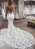 Sophisticated Lace Trumpet/Mermaid Wedding Dress with Sleeveless V-Neck and Chapel Train with Appliqued BM bride