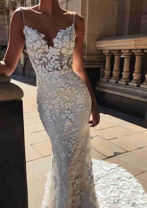 Sophisticated Lace Trumpet/Mermaid Wedding Dress with Sleeveless V-Neck and Chapel Train with Appliqued BM bride