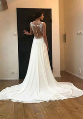 Delicate Chiffon Wedding Dress: A-Line Illusion Neck Sleeveless with Chapel Train and Appliqued Accents