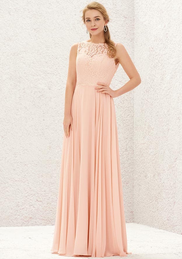 Long/Floor-Length Chiffon Bridesmaid Dress, Bateau Neckline, Sleeveless, With Lace Accents BM bride