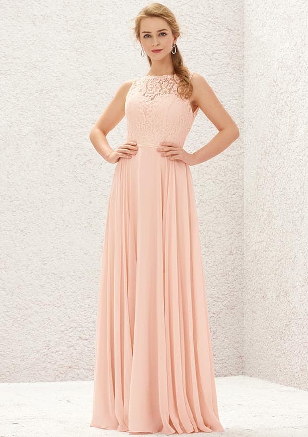 Long/Floor-Length Chiffon Bridesmaid Dress, Bateau Neckline, Sleeveless, With Lace Accents BM bride