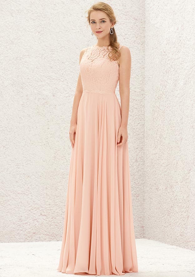 Long/Floor-Length Chiffon Bridesmaid Dress, Bateau Neckline, Sleeveless, With Lace Accents BM bride