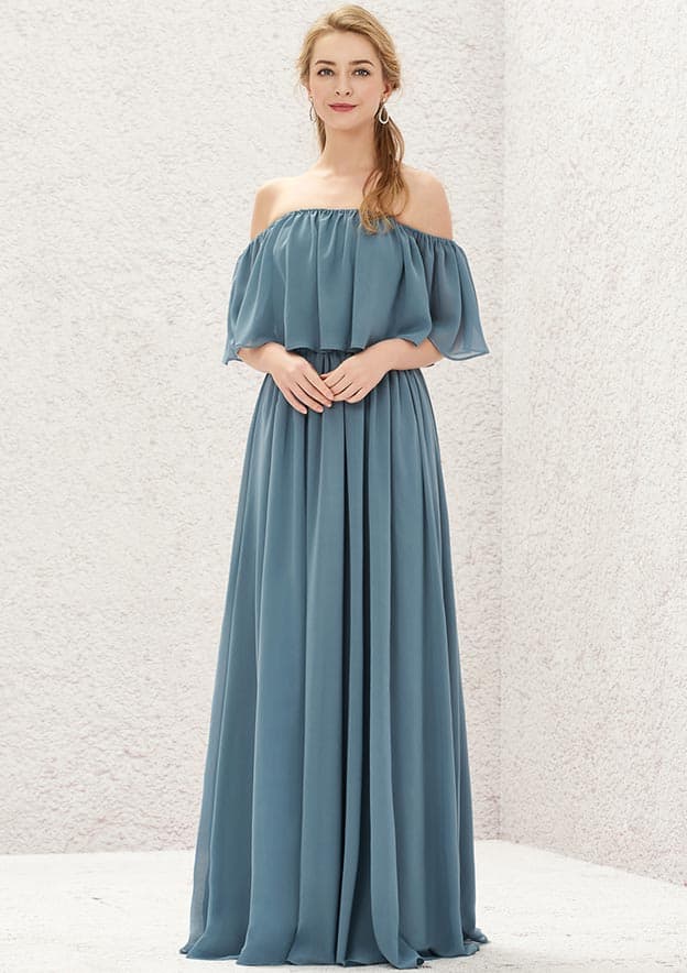 Floor-Length Chiffon Bridesmaid Dress In A-Line Style, Off-The-Shoulder, Sleeveless, And Pleated BM bride