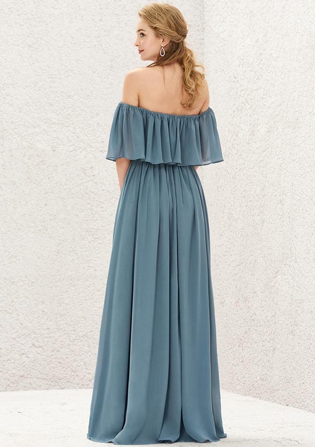 Floor-Length Chiffon Bridesmaid Dress In A-Line Style, Off-The-Shoulder, Sleeveless, And Pleated BM bride