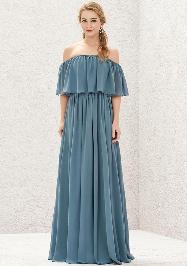 Floor-Length Chiffon Bridesmaid Dress In A-Line Style, Off-The-Shoulder, Sleeveless, And Pleated BM bride