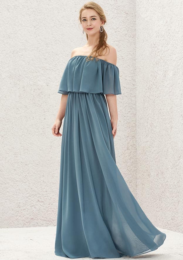 Floor-Length Chiffon Bridesmaid Dress In A-Line Style, Off-The-Shoulder, Sleeveless, And Pleated BM bride