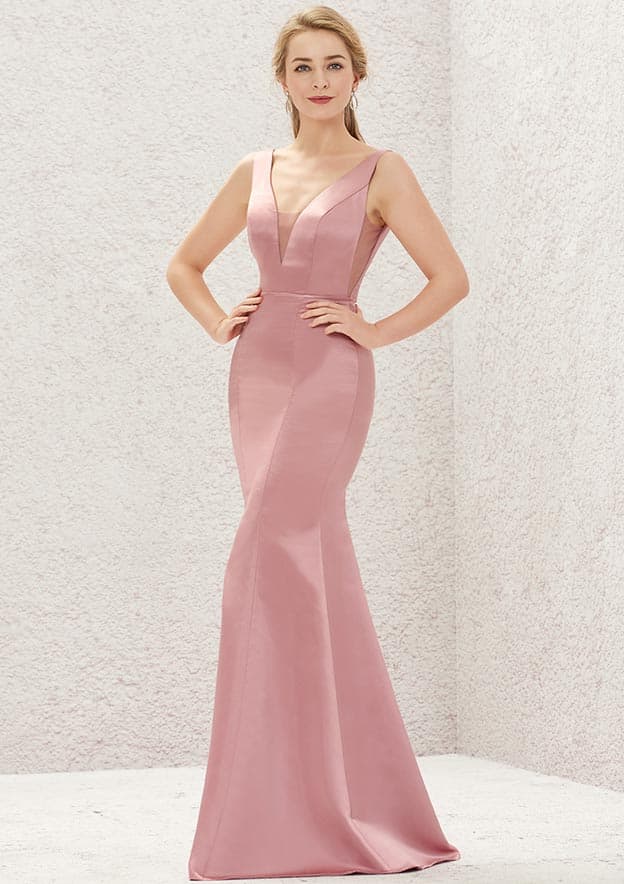 Long/Floor-Length Satin Bridesmaid Dress, Trumpet/Mermaid Cut, V-Neck, Sleeveless BM bride