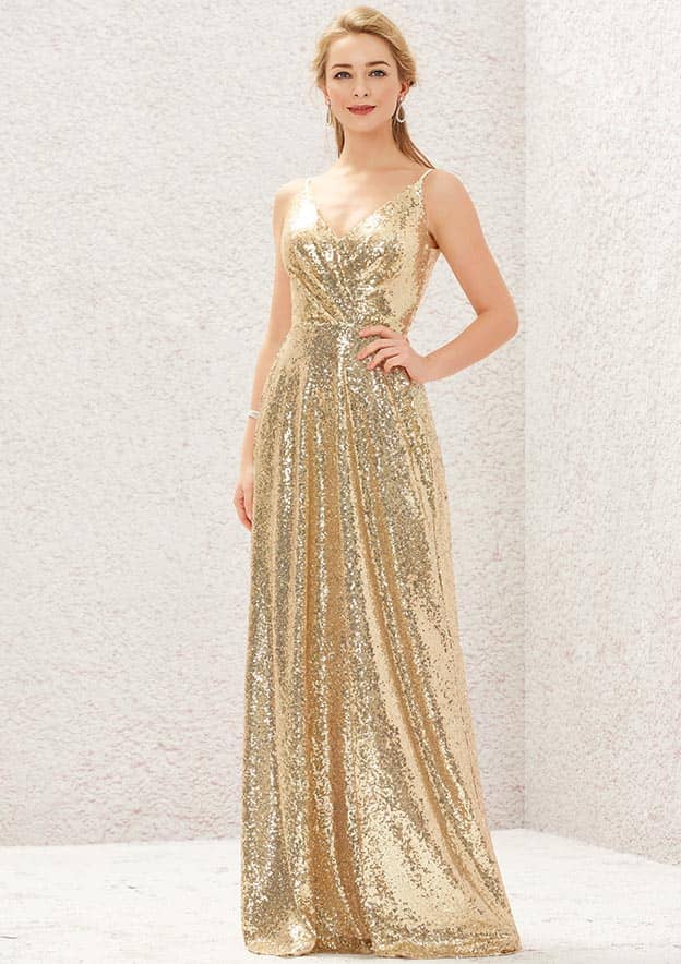 Long/Floor-Length Sequined Bridesmaid Dress, A-Line Cut, V-Neck, Sleeveless, With Lace Pleating BM bride