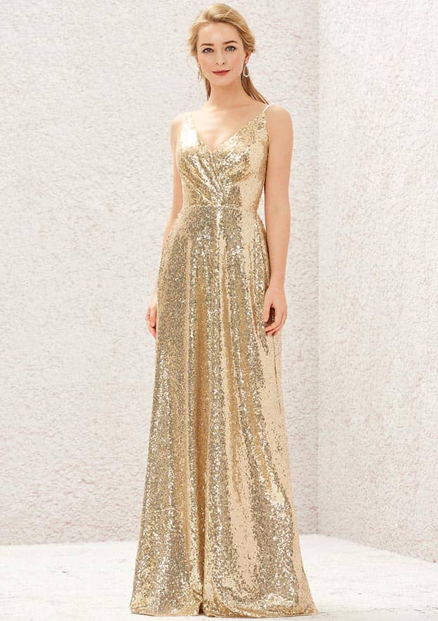 Long/Floor-Length Sequined Bridesmaid Dress, A-Line Cut, V-Neck, Sleeveless, With Lace Pleating BM bride