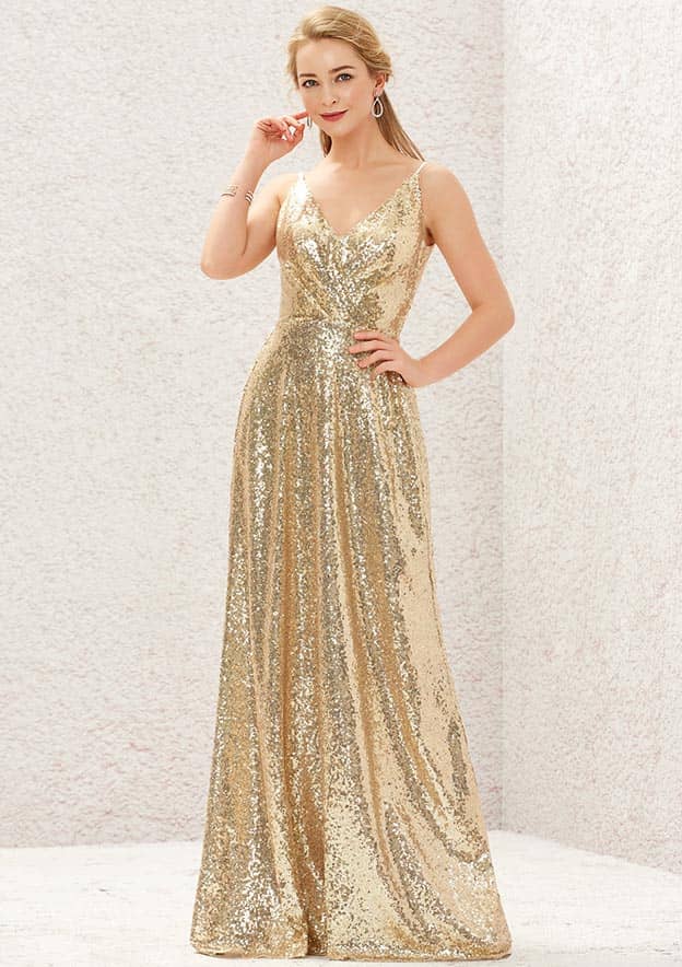 Long/Floor-Length Sequined Bridesmaid Dress, A-Line Cut, V-Neck, Sleeveless, With Lace Pleating BM bride