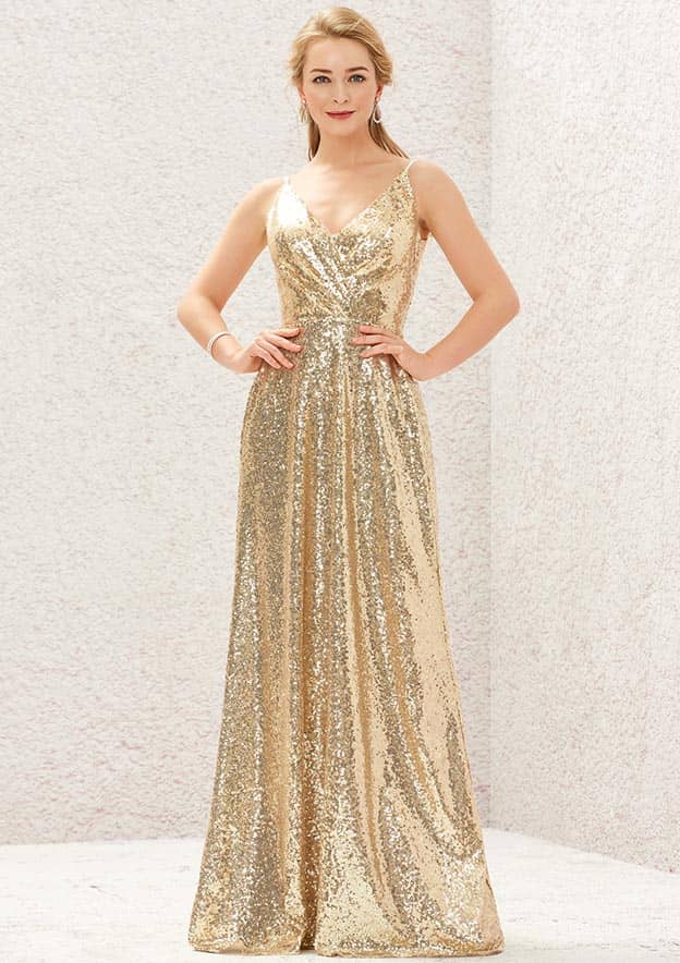 Long/Floor-Length Sequined Bridesmaid Dress, A-Line Cut, V-Neck, Sleeveless, With Lace Pleating BM bride