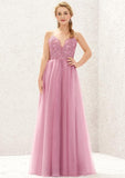 Long/Floor-Length Tulle Bridesmaid Dress, A-Line Cut, V-Neck, Sleeveless, With Lace Style BM bride