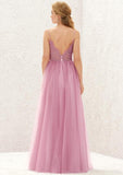 Long/Floor-Length Tulle Bridesmaid Dress, A-Line Cut, V-Neck, Sleeveless, With Lace Style BM bride