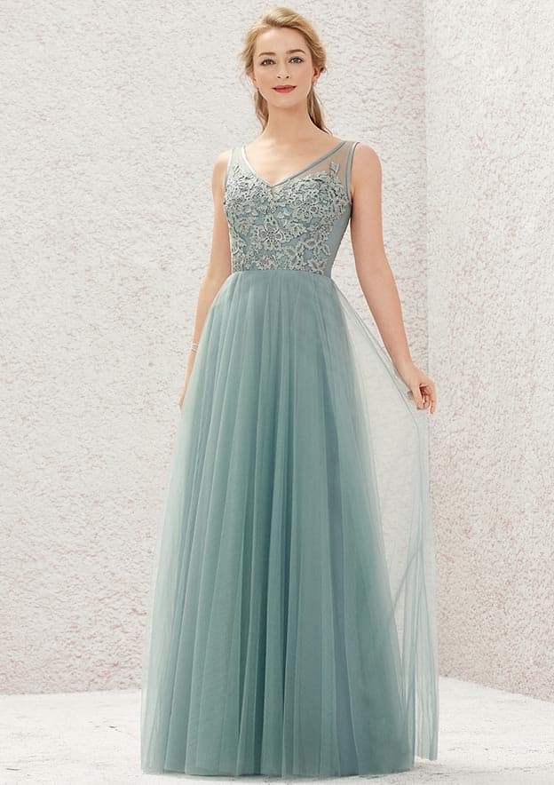 Long/Floor-Length Tulle Bridesmaid Dress, A-Line Cut, V-Neck, Sleeveless, With Lace BM bride