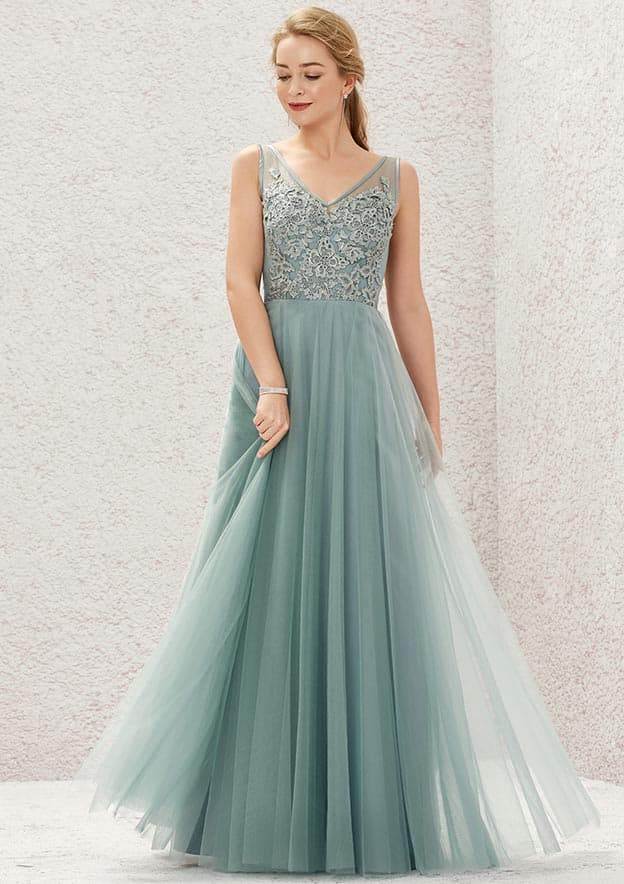 Long/Floor-Length Tulle Bridesmaid Dress, A-Line Cut, V-Neck, Sleeveless, With Lace BM bride