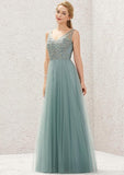 Long/Floor-Length Tulle Bridesmaid Dress, A-Line Cut, V-Neck, Sleeveless, With Lace BM bride