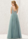 Long/Floor-Length Tulle Bridesmaid Dress, A-Line Cut, V-Neck, Sleeveless, With Lace BM bride