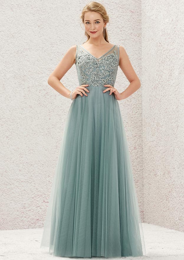 Long/Floor-Length Tulle Bridesmaid Dress, A-Line Cut, V-Neck, Sleeveless, With Lace BM bride