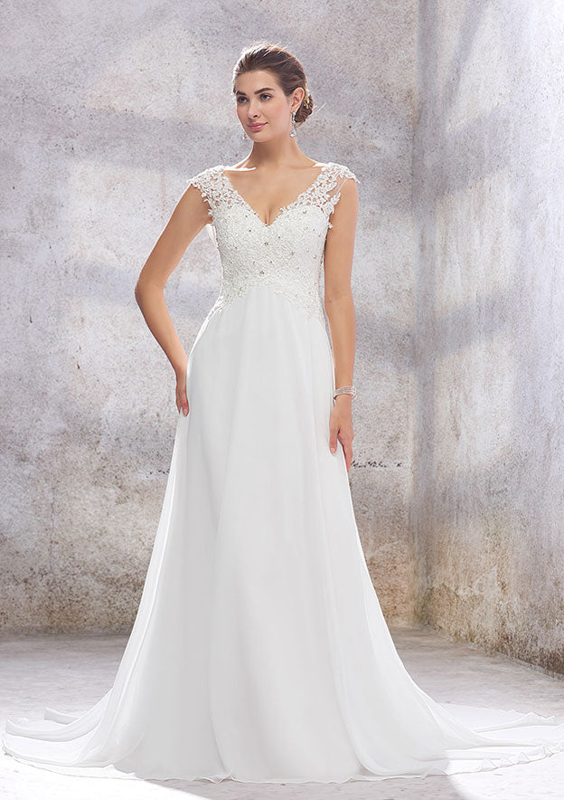 Chic A-Line Empire V-Neck Sleeveless Wedding Dress with Sweep Train in Chiffon, Featuring Beading, Sequins, and Appliqueds