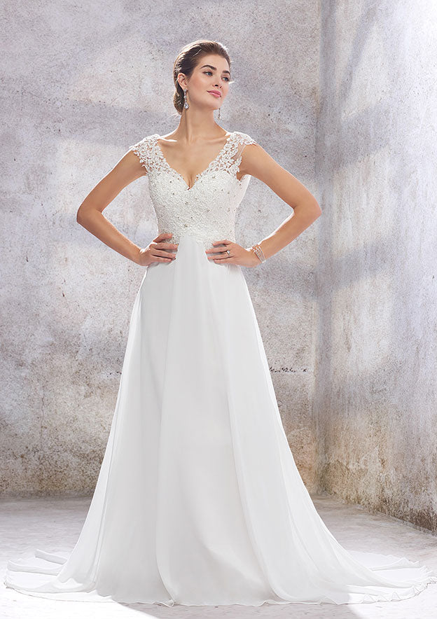 Chic A-Line Empire V-Neck Sleeveless Wedding Dress with Sweep Train in Chiffon, Featuring Beading, Sequins, and Appliqueds