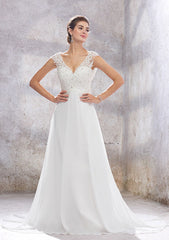 Chic A-Line Empire V-Neck Sleeveless Wedding Dress with Sweep Train in Chiffon, Featuring Beading, Sequins, and Appliqueds