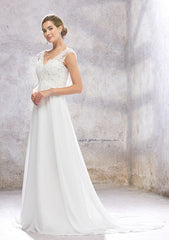 Chic A-Line Empire V-Neck Sleeveless Wedding Dress with Sweep Train in Chiffon, Featuring Beading, Sequins, and Appliqueds