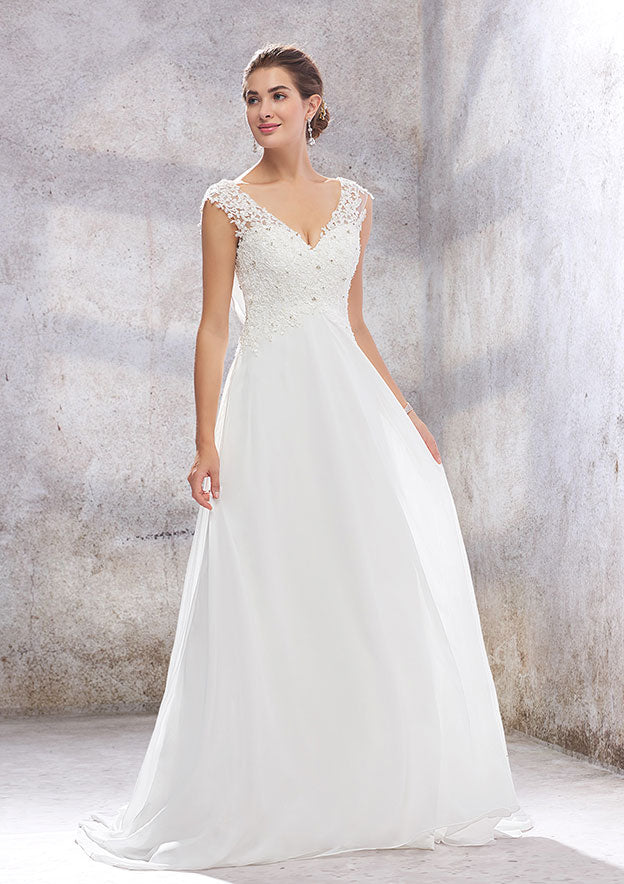 Chic A-Line Empire V-Neck Sleeveless Wedding Dress with Sweep Train in Chiffon, Featuring Beading, Sequins, and Appliqueds