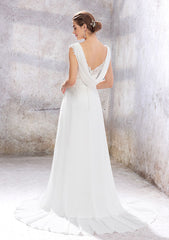 Chic A-Line Empire V-Neck Sleeveless Wedding Dress with Sweep Train in Chiffon, Featuring Beading, Sequins, and Appliqueds