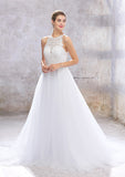 Elegant A-Line Scoop Neck Wedding Dress: Sleeveless with Embroidered Beading and Court Train BM bride