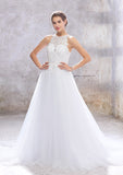 Elegant A-Line Scoop Neck Wedding Dress: Sleeveless with Embroidered Beading and Court Train BM bride