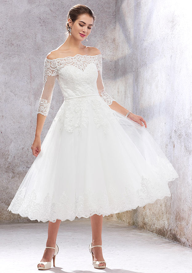 Classic A-Line Off-the-Shoulder Tea-Length Wedding Dress with 3/4 Sleeves in Lace and Tulle, Featuring a Waistband