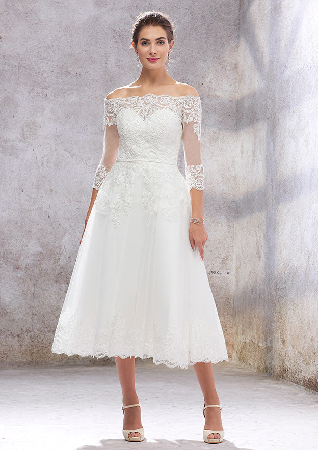 Classic A-Line Off-the-Shoulder Tea-Length Wedding Dress with 3/4 Sleeves in Lace and Tulle, Featuring a Waistband