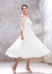 Classic A-Line Off-the-Shoulder Tea-Length Wedding Dress with 3/4 Sleeves in Lace and Tulle, Featuring a Waistband