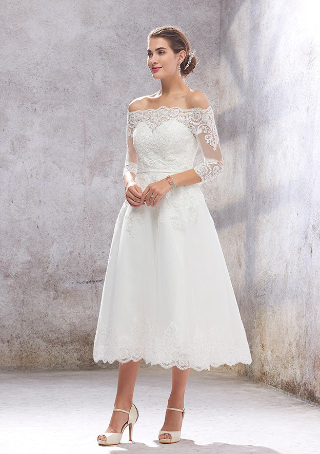 Classic A-Line Off-the-Shoulder Tea-Length Wedding Dress with 3/4 Sleeves in Lace and Tulle, Featuring a Waistband