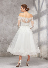 Classic A-Line Off-the-Shoulder Tea-Length Wedding Dress with 3/4 Sleeves in Lace and Tulle, Featuring a Waistband