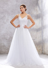 Charming Princess A-Line V-Neck Sleeveless Court Train Wedding Dress: Tulle with Beading and Appliqueds