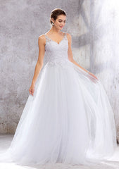 Charming Princess A-Line V-Neck Sleeveless Court Train Wedding Dress: Tulle with Beading and Appliqueds