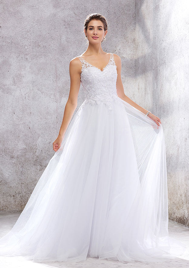 Charming Princess A-Line V-Neck Sleeveless Court Train Wedding Dress: Tulle with Beading and Appliqueds