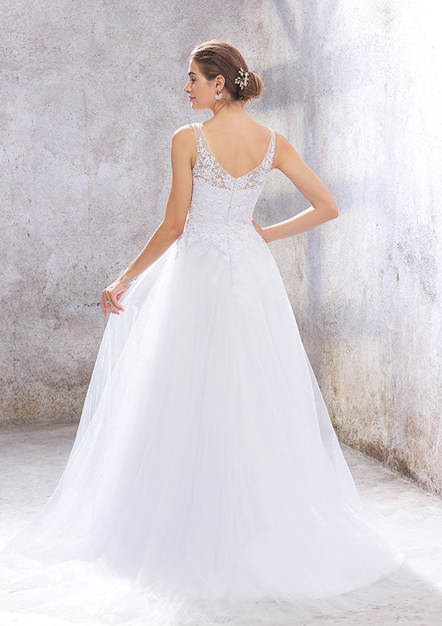 Charming Princess A-Line V-Neck Sleeveless Court Train Wedding Dress: Tulle with Beading and Appliqueds