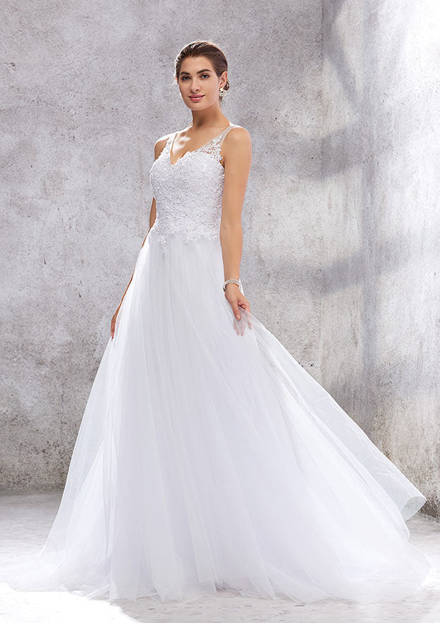 Charming Princess A-Line V-Neck Sleeveless Court Train Wedding Dress: Tulle with Beading and Appliqueds