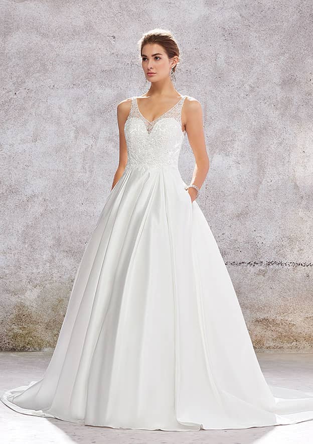 Luxurious Ball Gown Princess V-Neck Satin Wedding Dress with Chapel Train, Featuring Lace Sequins and Beading Appliqued BM bride